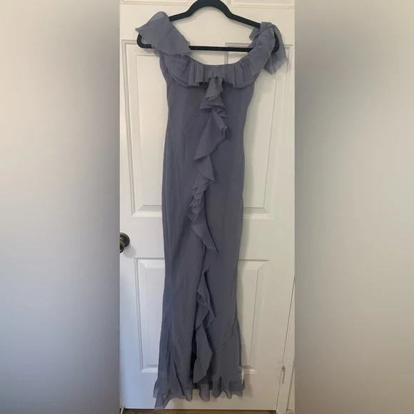 ASOS Dusty Blue Asymmetrical Ruffle Off-Shoulder Gown - Picture 5 of 9